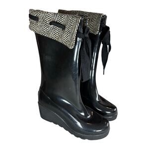 SPERRY Black Top Sider Herringbone Wedge Waterproof Rubber Boots, Size 6M